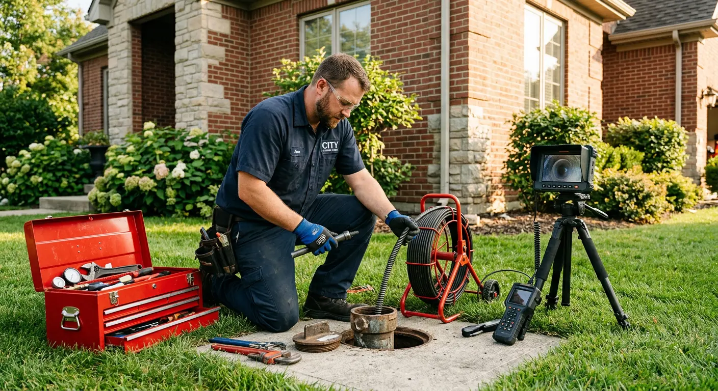 Sewer specialist with camera equipment servicing a cleanout in Lysander