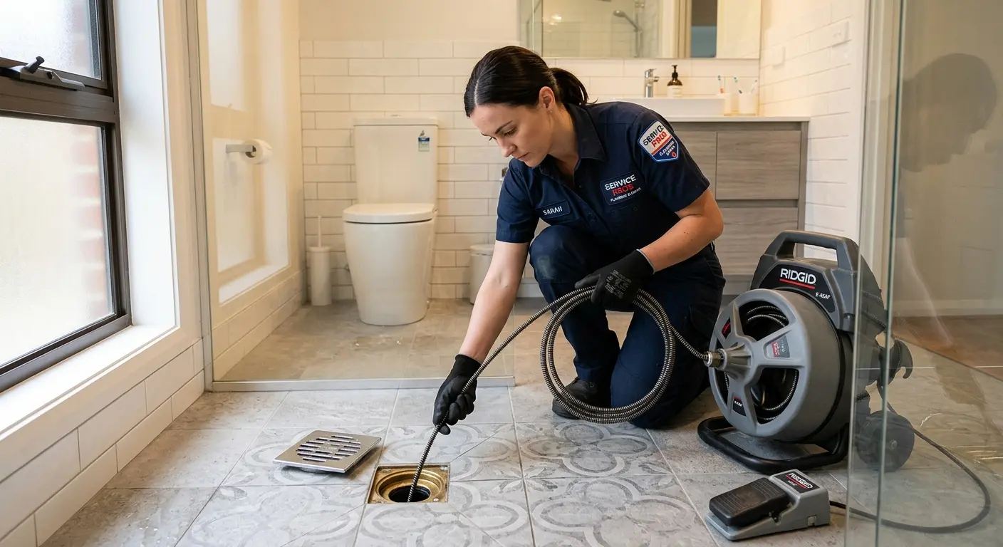 Technician clearing a bathroom floor drain for Drain Cleaning in Lysander